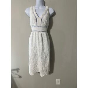 Flying Tomato White Eyelet Cotton Midi Dress Women's‎ Size L V Neck Sleeveless